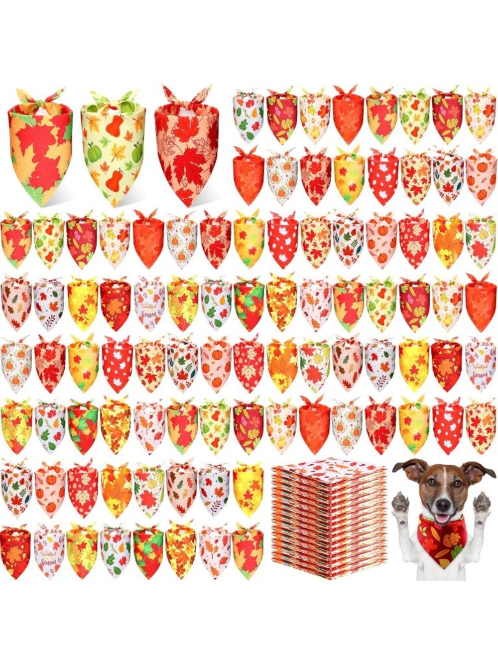 200 Pcs Fall Dog Bandanas - Autumn Pumpkin & Maple Leaves Patterns for Pets